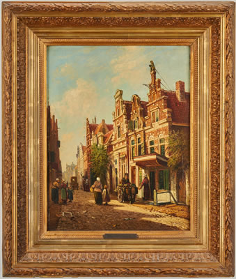 Street scene depicting figures walking and street vendors on a city neighborhood cobblestone street