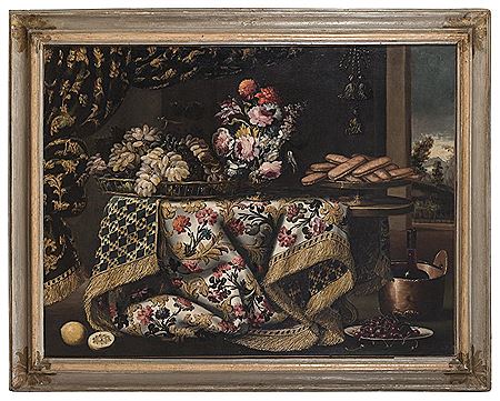 STILL LIFE OF FLOWERS, FRUIT, COOKIES, WINE, CURTAIN AND BROCADE TABLECLOTH