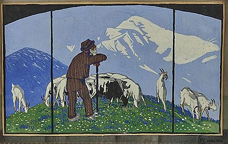 Shepherd and his goats in the pasture