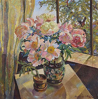Bouquet of peonies at the window