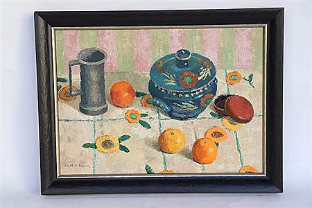 "Fruits, pichet d'étain et faïence"