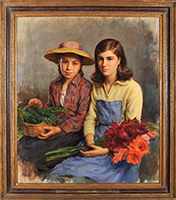 Raparigas com flores e verduras