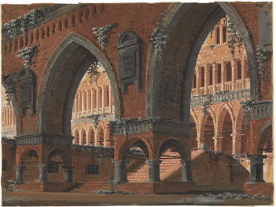 Stage set design of a partly overgrown rotunda seen from under an arch (i); Stage set design of a palace façade seen from under a bridge with Gothic arches (ii)