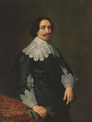 Portrait of a gentleman, aged 29, three-quarter-length, in a black slashed-sleeve doublet and lace collar