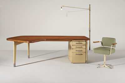 Important 'Présidence' Desk, model no. 201 from the Palais du Gouverneur, Niamey, Niger, circa 1955; Rare ‘Potence' Adjustable Wall Light, circa 1952; Swivel Chair, model no. FP 11, circa 1946 (3) by Jean Prouve - Auction record, sale price, and art valuation. Compare with similar artists and explore comparable artworks.