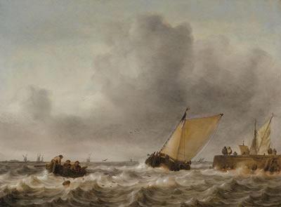 A damlooper and rowboat in a choppy sea by a jetty