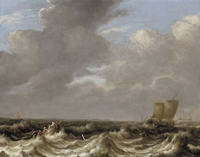 A fishing skiff and sailboats in a rough sea