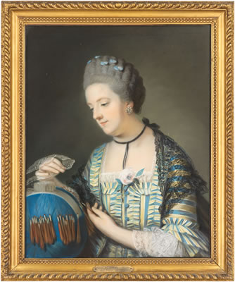 Portrait of Lady Louisa Conolly, née Lennox (1743-1821), half-length, in a yellow and blue striped dress with a black lace shawl, holding lace and a bobbin