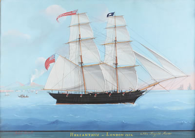 A Portrait of the Two Masted Brig ‘Helianthus of London’ Sailing Out of the Bay of Naples the Smoking Volcano Vesuvius Beyond the Ship Fully Rigged Flying the British Ensign with the Captain and Crew on Deck