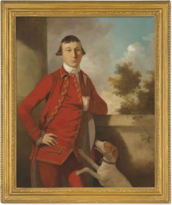 Portrait of a gentleman, a member of the Oman family, three-quarter-length, in a red suit, with a dog