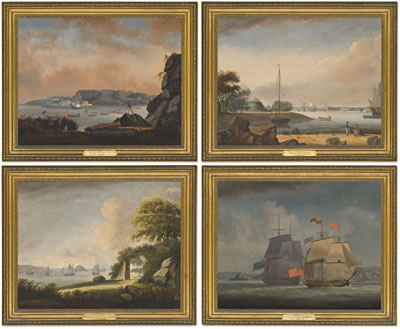 The Royal visit of H.M. King George III and H.M. Queen Charlotte to Plymouth Dockyard, Plymouth, 18th August 1789: Their Majesties the King and Queen arriving at Plymouth Sound aboard H.M.S. Southampton with H.M.S. Magnificent in attendance; and Their Maj