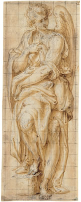 An angel, resting his right foot on a pedestal