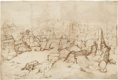 An extensive view of Rome with the Ponte Rotto, seen from the Aventine (recto); Studies after antique wall decorations (verso)