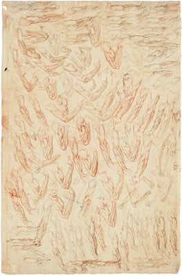 Anatomical studies of mostly écorché arms, legs, male genitals and heads of horses (recto); Anatomical studies of arms, feet, bones and two bones (verso)