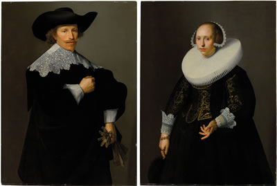 Portrait of a gentleman, three-quarter-length, in a black brocade doublet and cloak, with a lace collar, holding a pair of gloves; and Portrait of a lady, three-quarter-length, in a cartwheel ruff, gold and black embroidered bodice and black brocade skirt by Nicolaes Elias - Auction record, sale price, and art valuation. Compare with similar artists and explore comparable artworks.