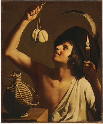 A young man holding a burning candle and a scamorza cheese, a fiasco bottle beside him