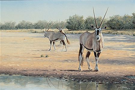 Two African Wildlife Paintings-Gemsbok, or South African Oryx, 1991 and Nyala Pair Drinking, 1990