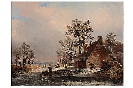 Cottage with peasants in a winter landscape