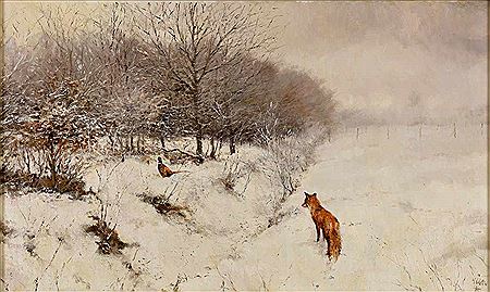Winter landscape with fox and pheasant.