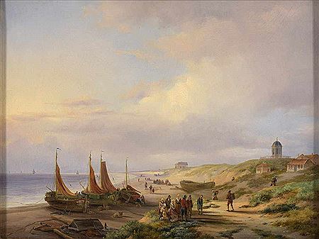 Dutch beach scene with fishermen.