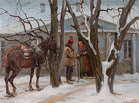 LEGION ULEANS AND A GIRL - FLIGHT BEFORE THE MANOR HOUSE by Stanislaw Bagienski - Auction record, sale price, and art valuation. Compare with similar artists and explore comparable artworks.