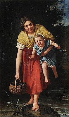 Mother and child, with a basket of plums