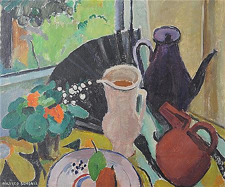 Still life with jugs, fruit bowl and fan