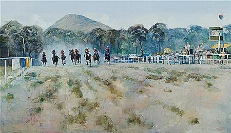 Close Finish, Bush Racetrack, 1991 by Philip R Pomroy - Auction record, sale price, and art valuation. Compare with similar artists and explore comparable artworks.