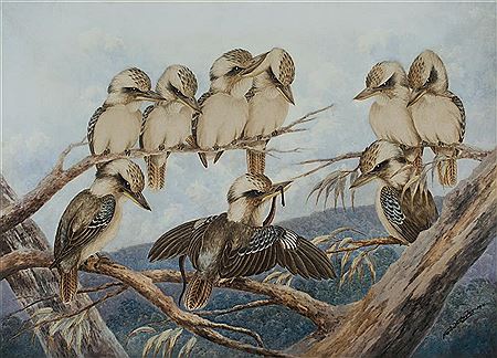 Kookaburras in a Bush Landscape, One with Red-bellied Black Snake, 1911 by Neville William Cayley - Auction record, sale price, and art valuation. Compare with similar artists and explore comparable artworks.