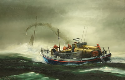 'Lifeboat Helen Wycherley from Courtmacsherry County Cork Ireland shooting a line to a disabled Yacht in the Fasnet Race 1979'