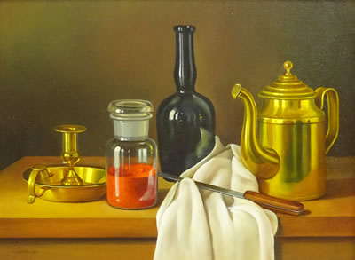 Still Life of Wine Bottle and Brassware