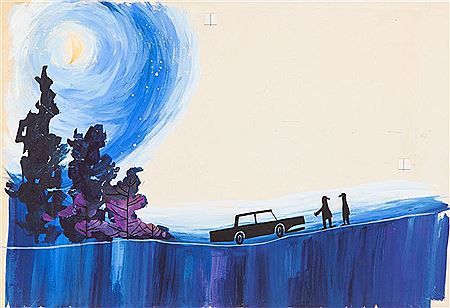 Book's illustration - car in the night, lata 60-70. XX w
