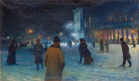 Evening on the Theatre Square in Warsaw by Jozef Rapacki - Auction record, sale price, and art valuation. Compare with similar artists and explore comparable artworks.