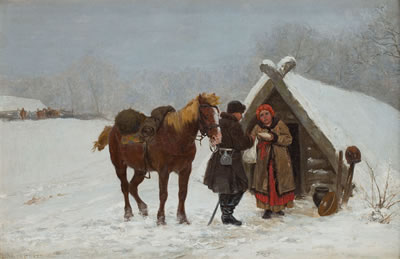 Winter scene in front of the hut, 1880