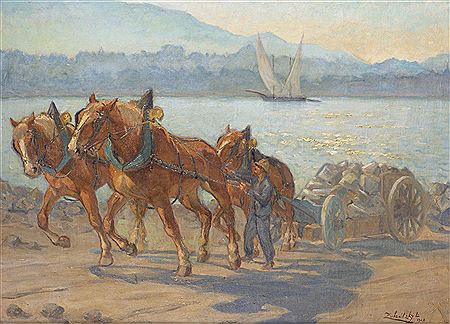 Chevaux de traits au bord du lac