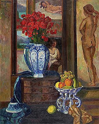 Interieur mit Blumen, Früchteschale und Gemälden