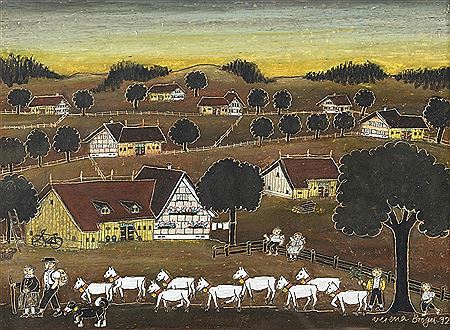 Appenzell landscape with herd of goats and farmers