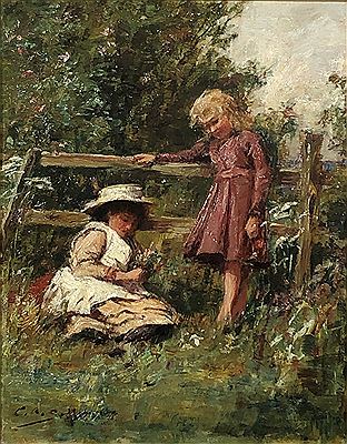 Two Girls Gathering Flowers by a Gate