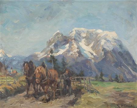 Plowing farmer with a view of the Grimming (Styria) by Franz Roubal - Auction record, sale price, and art valuation. Compare with similar artists and explore comparable artworks.