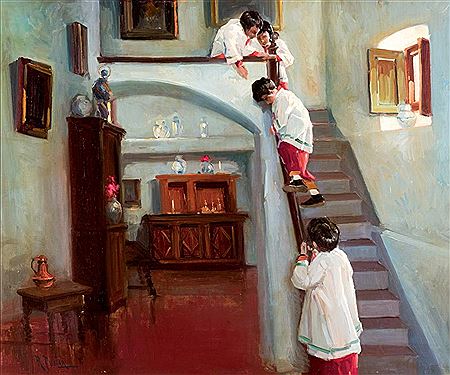 "Monaguillos en la escalera" by Rafael Fuster Insa - Auction record, sale price, and art valuation. Compare with similar artists and explore comparable artworks.