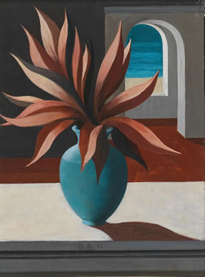 "Vase with red leaves"