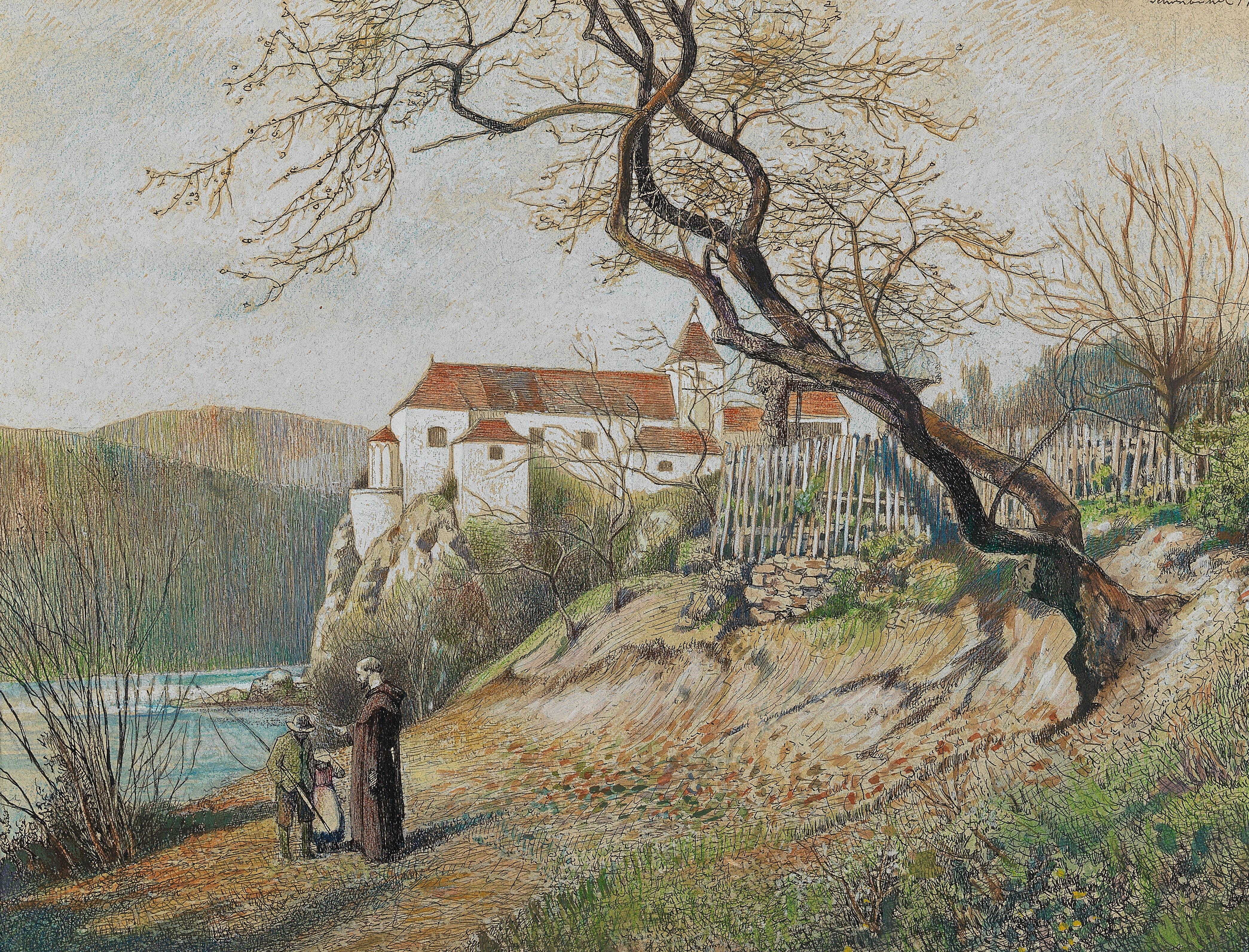 A distant view of Schönbühel Castle in Wachau valley, an angler and a monk in the foreground