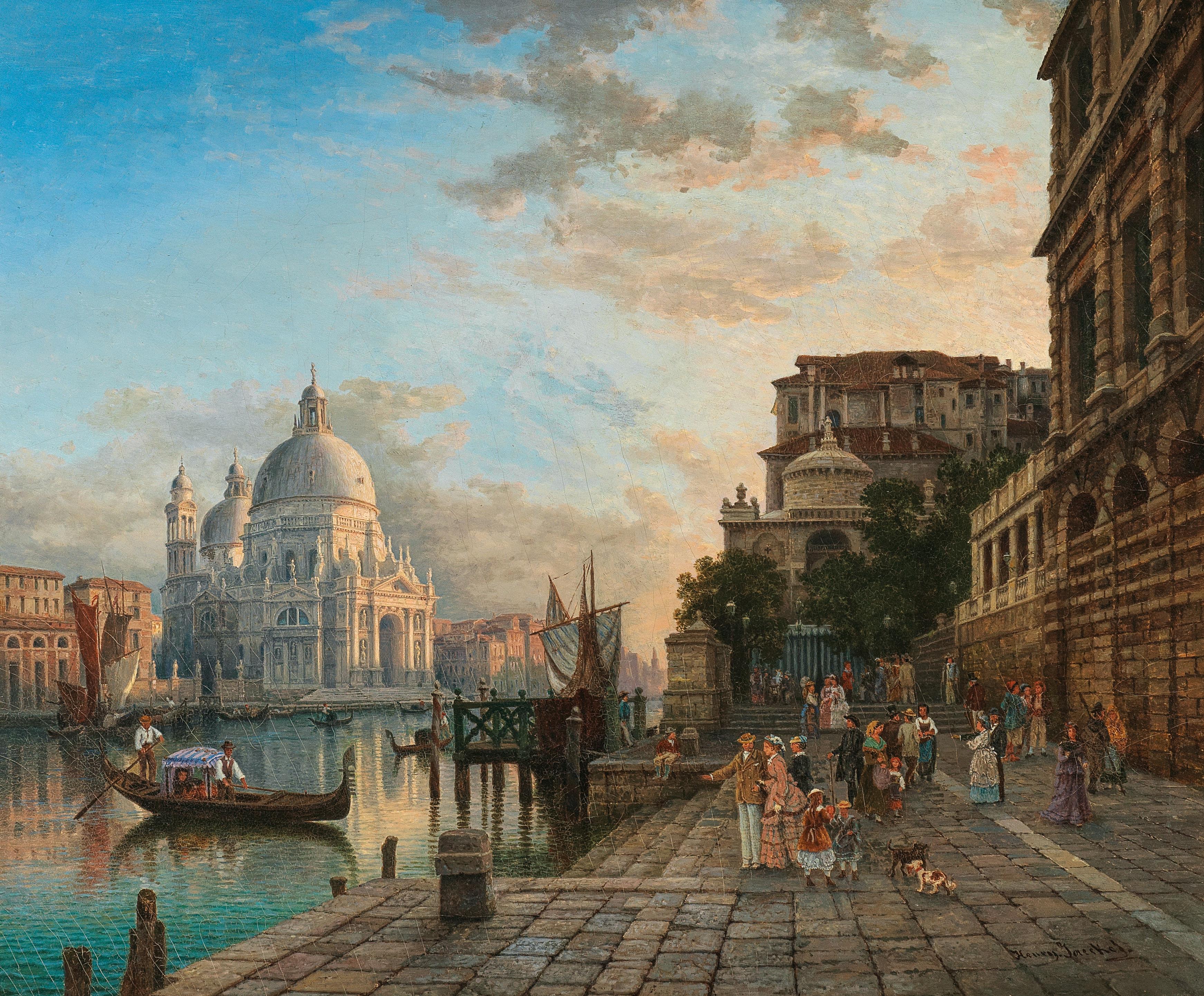 Venice, Café Giardina with Santa Maria della Salute by Henry Jaeckel - Auction record, sale price, and art valuation. Compare with similar artists and explore comparable artworks.