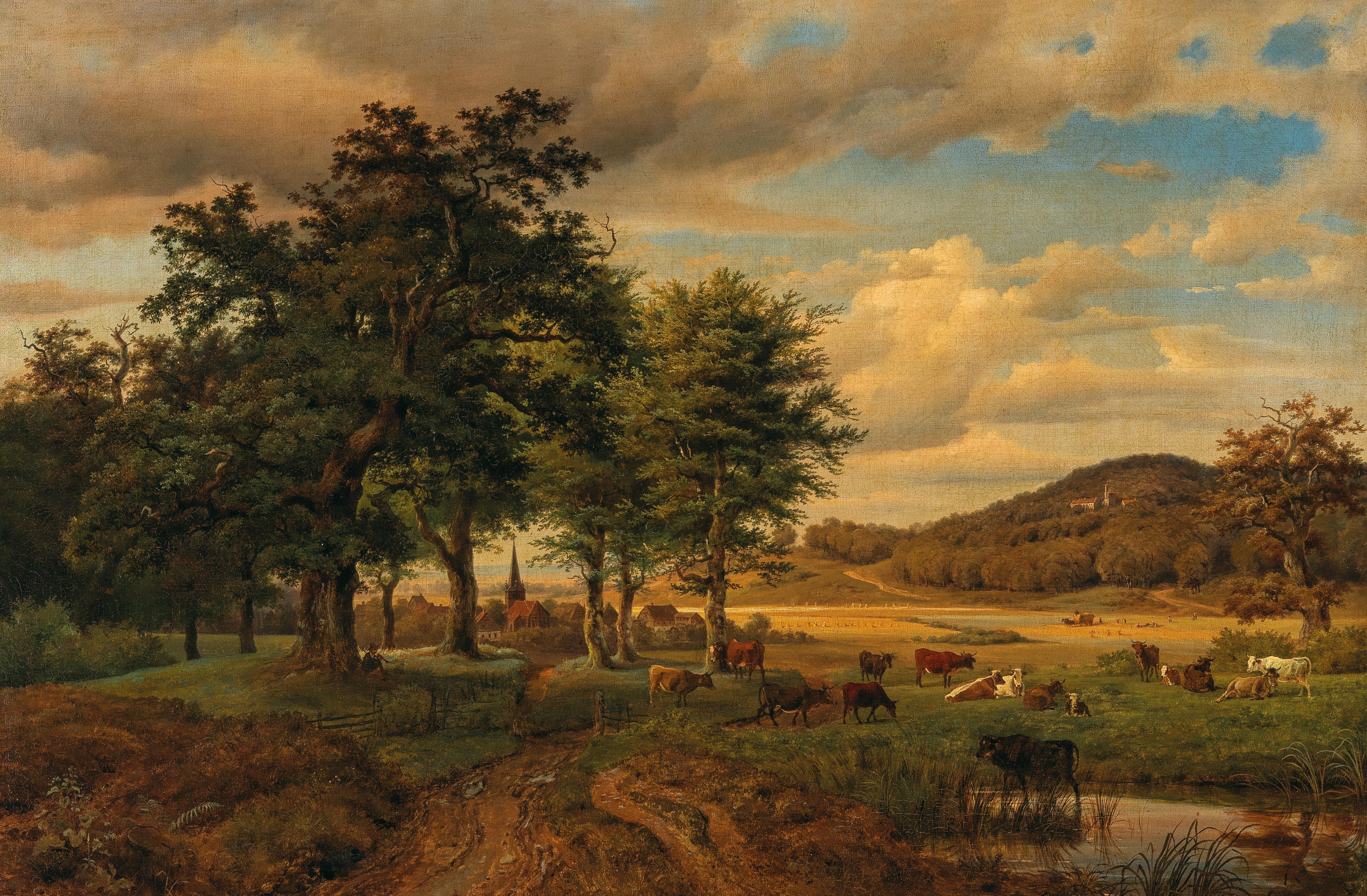 A Pasture Landscape with Cows, in the Background a Village by Georg Heinrich Crola - Auction record, sale price, and art valuation. Compare with similar artists and explore comparable artworks.