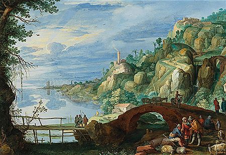 A rocky river landscape with shepherds, goatherds and their livestock resting by a bridge