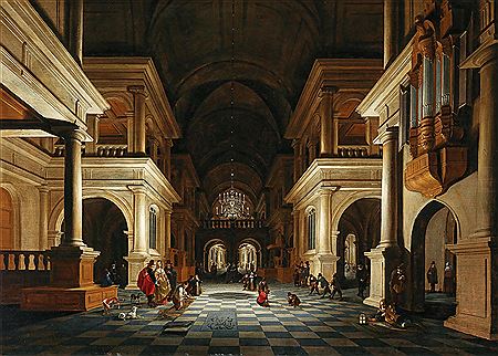The interior of a church with elegant figures