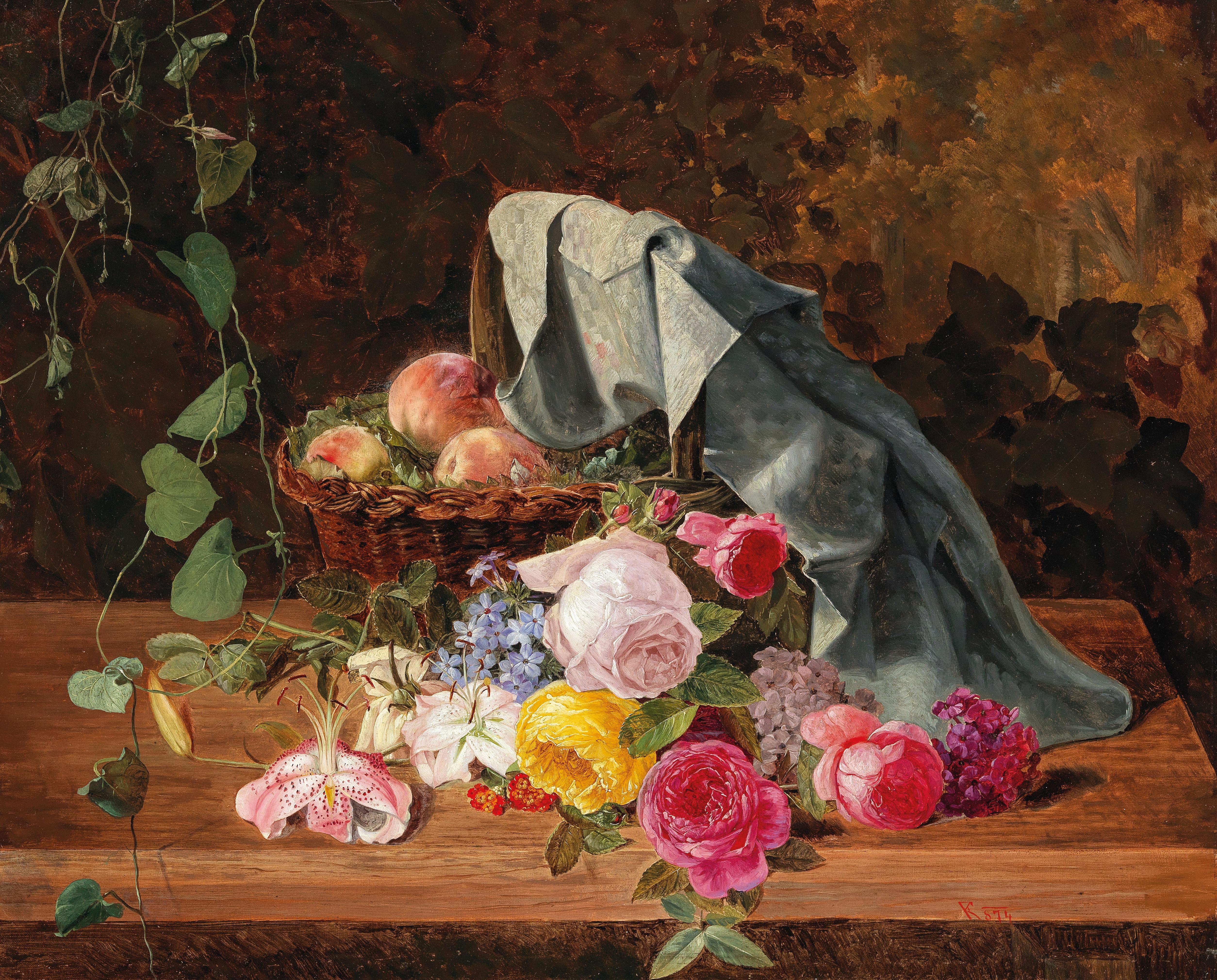 Still Life with a Basket of Peaches, Roses, Lilies, Phlox And Field Bindweed