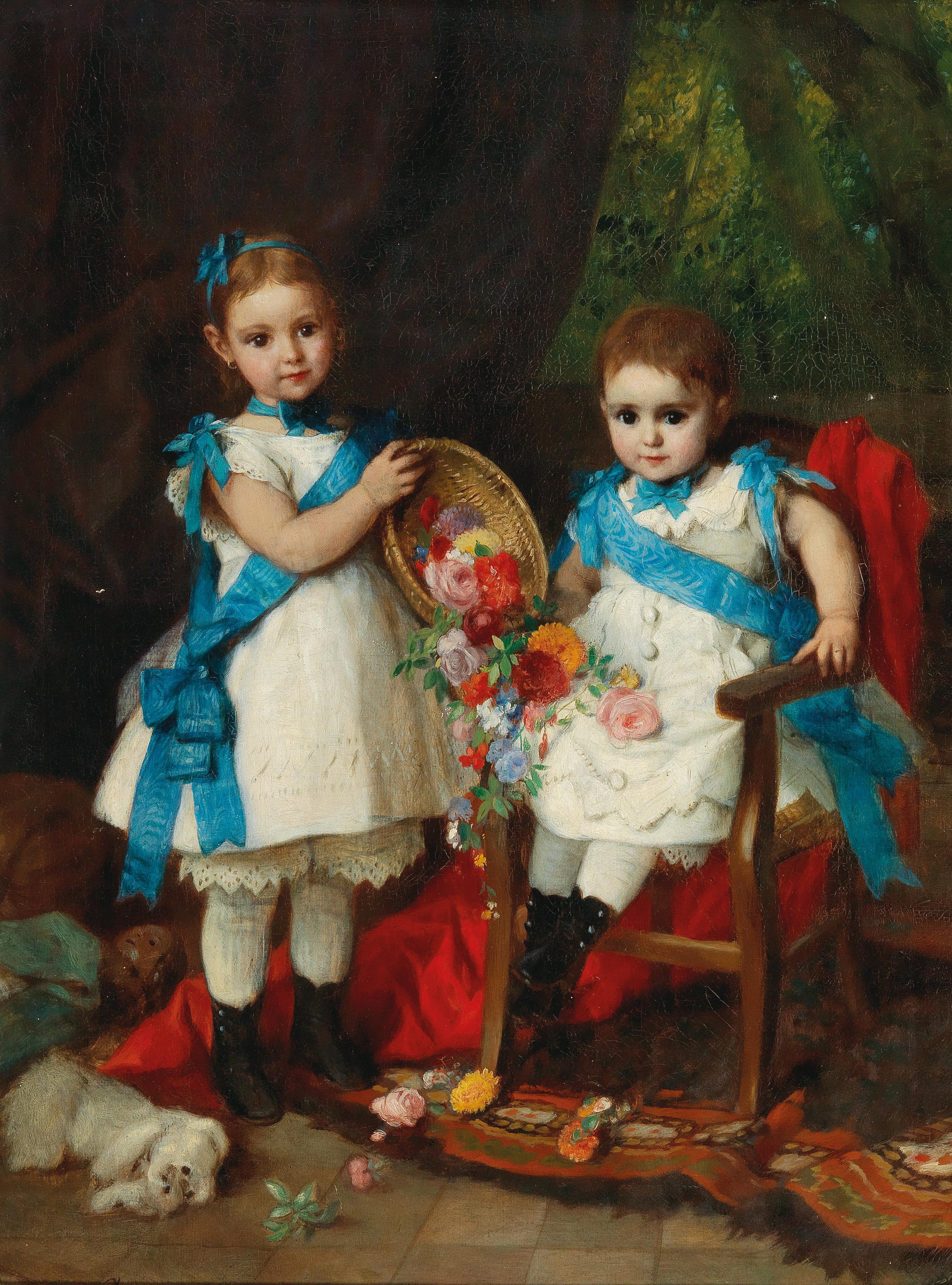 Two Siblings with Blue Sashes before a Landscape Background