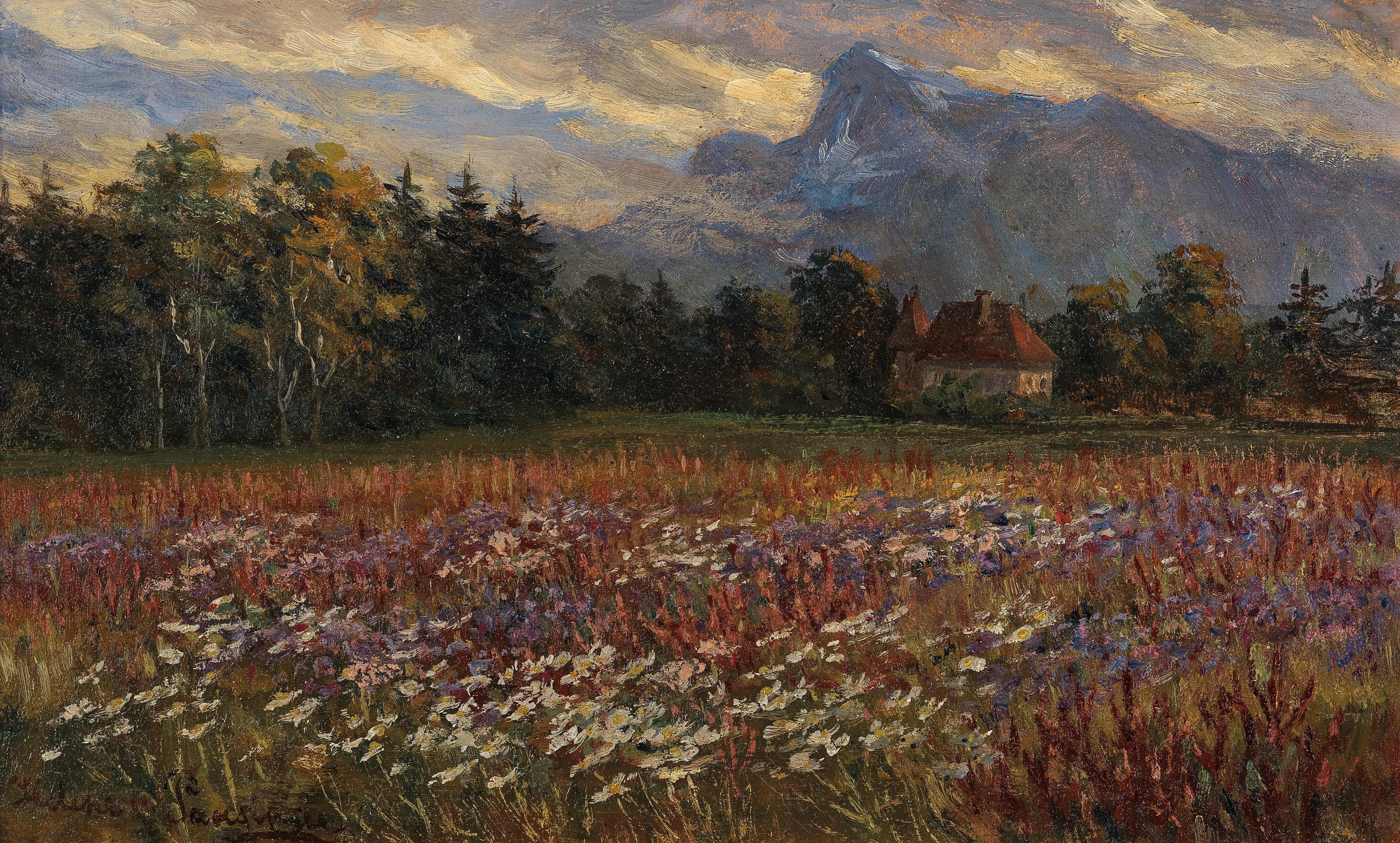 A Blossoming Meadow and a Villa at the Foot of the Untersberg in the Summer