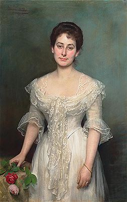 A life-size knee-length portrait of a lady with brunette hair in a white laced dress, holding roses